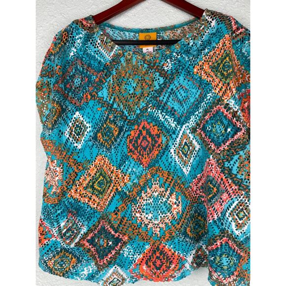 Boho Style Tribal Print Short Sleeve Top PL Colorful Aztec Print Layered Top - Picture 2 of 13